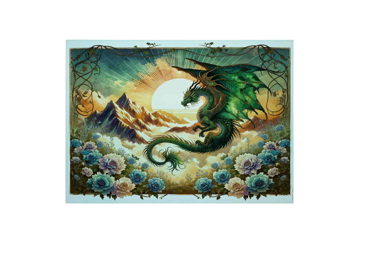Bwrdd Torri Gwydr Draig Hudolus, yn dangos y dyluniad printiedig