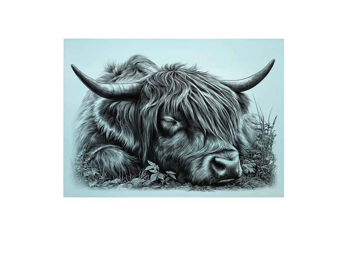 Bwrdd Torri Gwydr Buwch yr Ucheldir yn Cysgu, yn dangos y dyluniad printiedig
