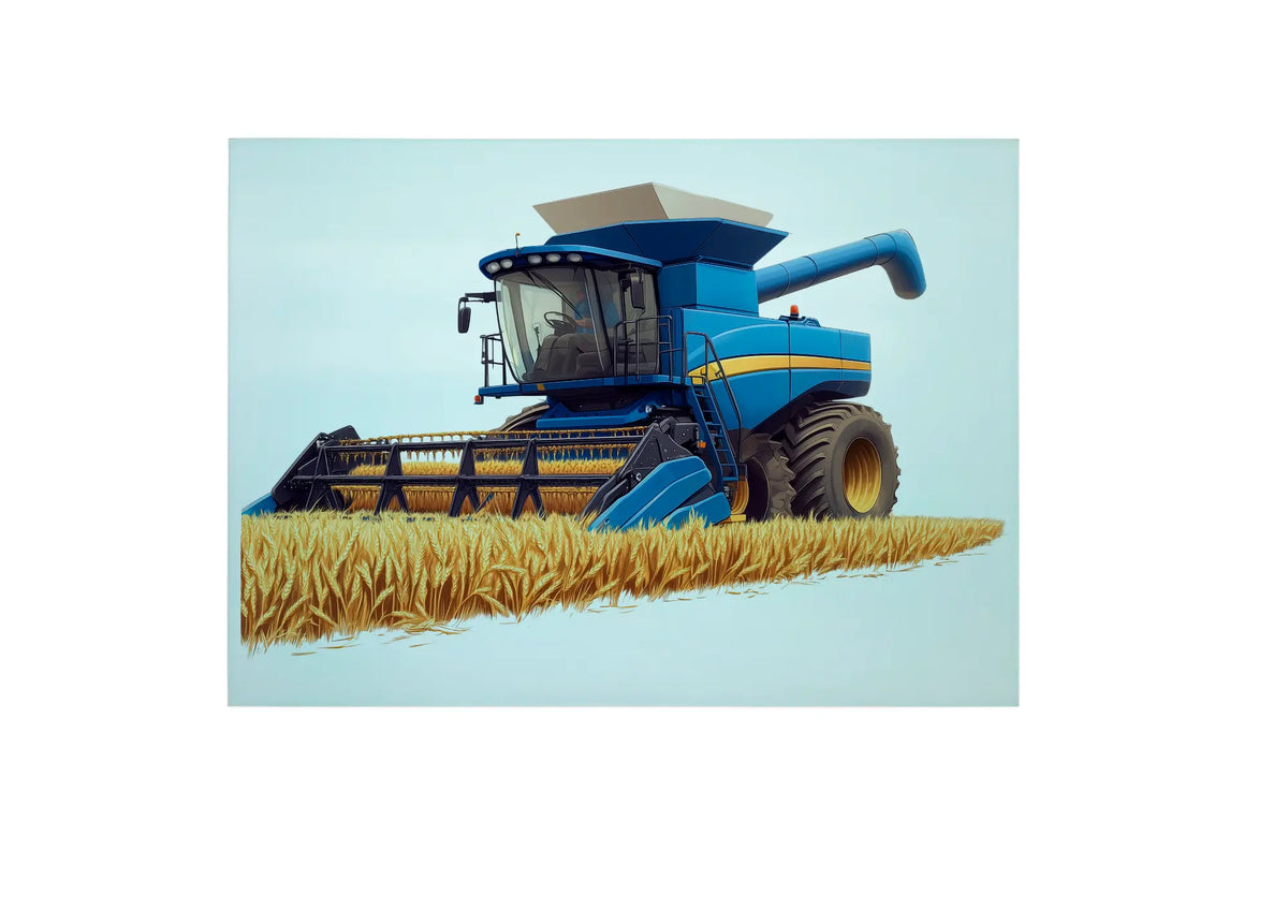 Bwrdd Torri Gwydr Peiriant Cynaeafu Glas, yn dangos y dyluniad printiedig