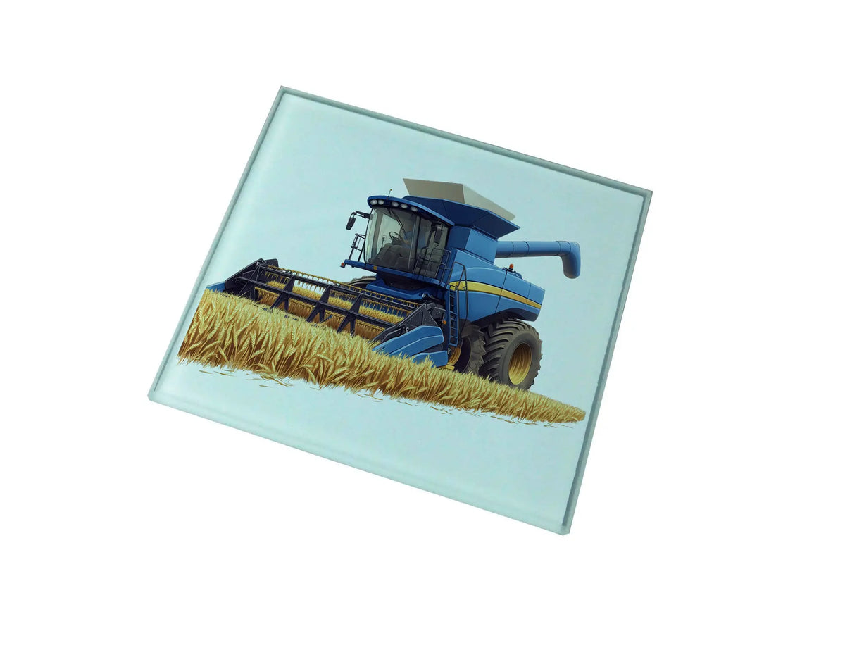 Gwaith celf ar fat diod gwydr yn dangos peiriant cynaeafu glas mewn cae