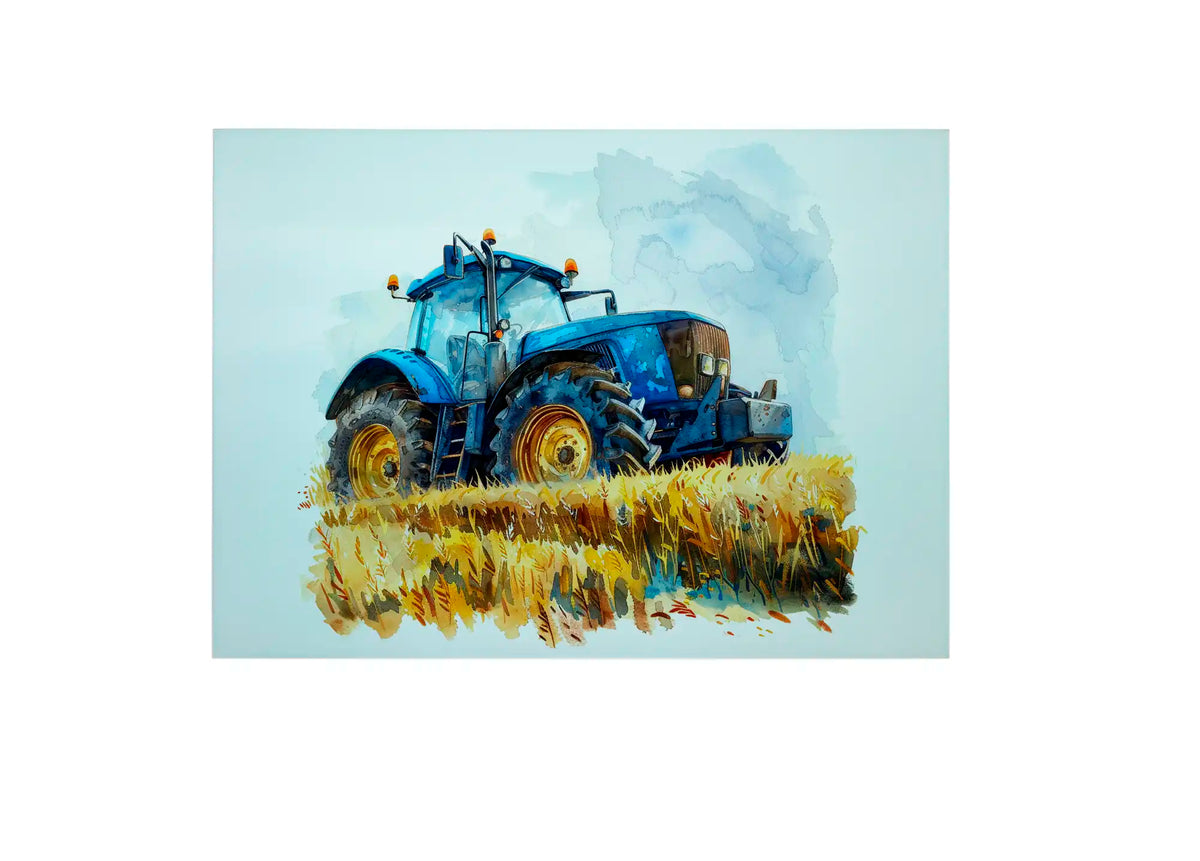 Bwrdd Torri Gwydr Tractor Glas ar wyneb gwaith cegin gyda llysiau