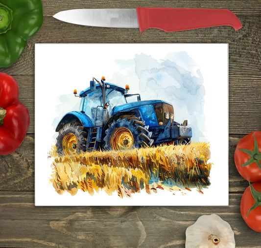 Bwrdd Torri Gwydr Tractor Glas ar wyneb gwaith cegin
