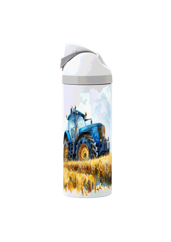 Potel thermol 720ml gyda dyluniad tractor glas wedi'i argraffu o amgylch y botel
