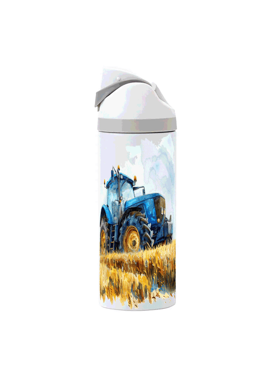 Potel thermol 720ml gyda dyluniad tractor glas wedi'i argraffu o amgylch y botel