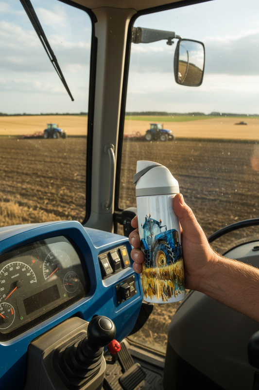 Potel thermol 720ml gyda dyluniad tractor glas mewn golygfa sy'n cyd-fynd â'r gwaith celf