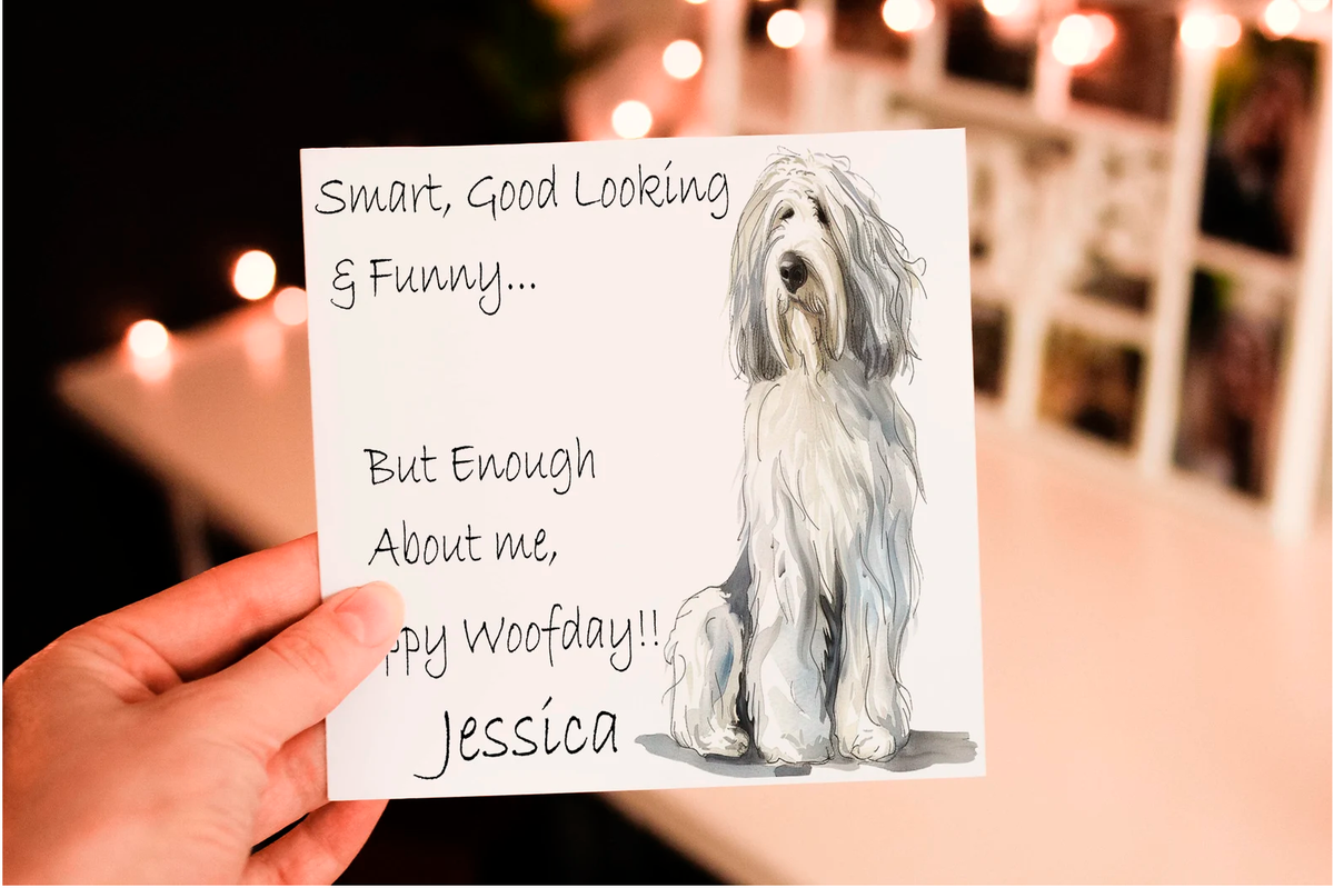 Cerdyn Pen-blwydd Old English Sheepdog – Happy Woofday