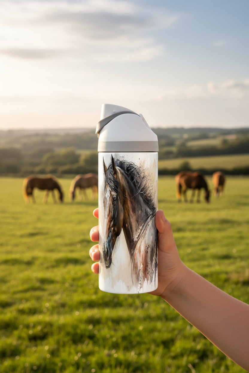 Potel thermol 720ml gyda dyluniad ceffyl mewn golygfa sy'n cyd-fynd â'r gwaith celf