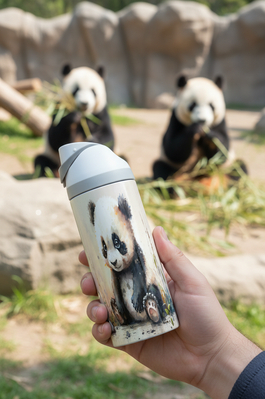 Potel thermol 720ml gyda dyluniad panda ciwt mewn golygfa sy'n cyd-fynd â'r gwaith celf