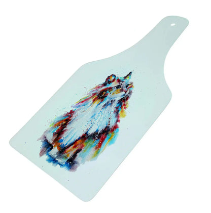 Bwrdd Torri Gwydr Siâp Potel – Cath Ragdoll, yn dangos y dyluniad printiedig