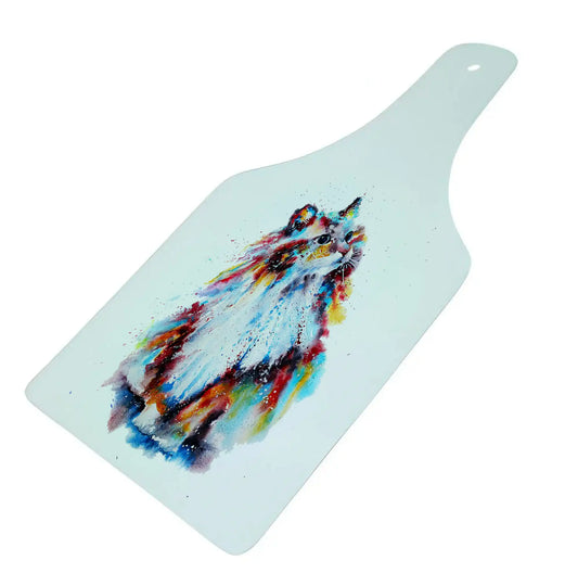 Bwrdd Torri Gwydr Siâp Potel – Cath Ragdoll, yn dangos y dyluniad printiedig