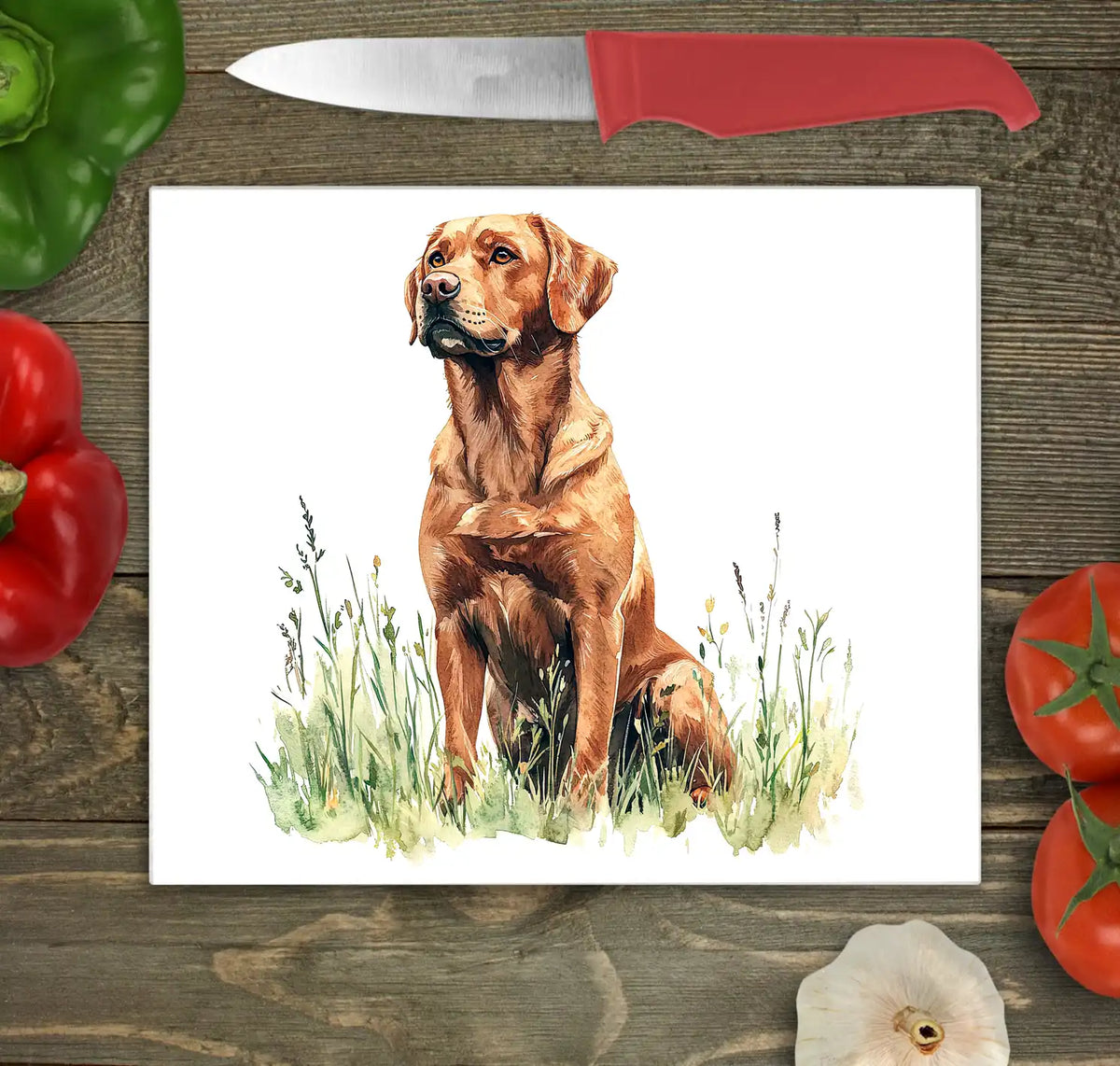Bwrdd Torri Gwydr Ci Labrador Red Fox ar wyneb gwaith cegin