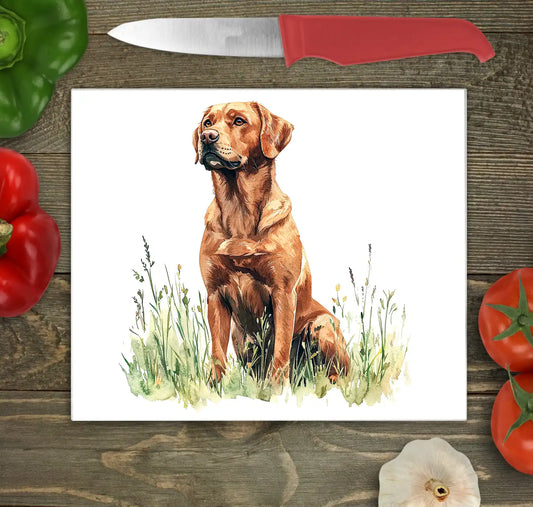 Bwrdd Torri Gwydr Ci Labrador Red Fox ar wyneb gwaith cegin