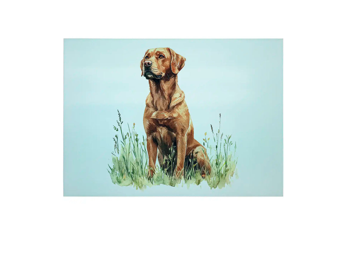Bwrdd Torri Gwydr Ci Labrador Red Fox, yn dangos y dyluniad printiedig