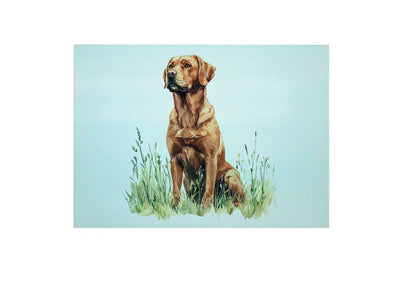 Bwrdd Torri Gwydr Ci Labrador Red Fox, yn dangos y dyluniad printiedig