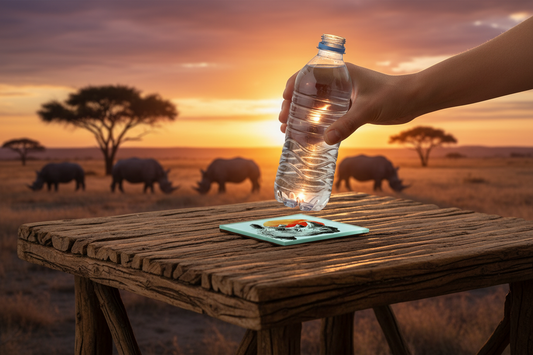 Matiau Diod Gwydr Rhinoseros gyda gwydraid mewn golygfa o ddefnydd