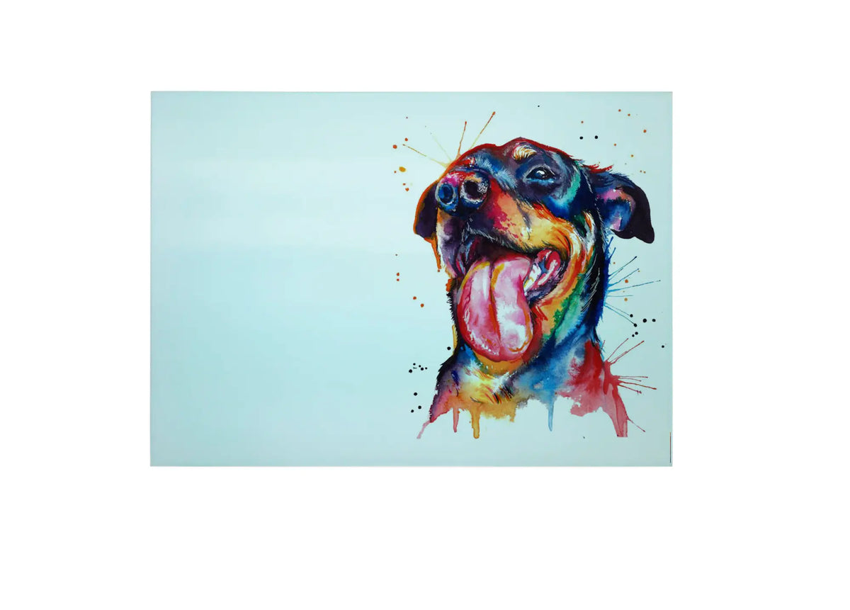 Bwrdd Torri Gwydr Ci Rottweiler, yn dangos y dyluniad printiedig