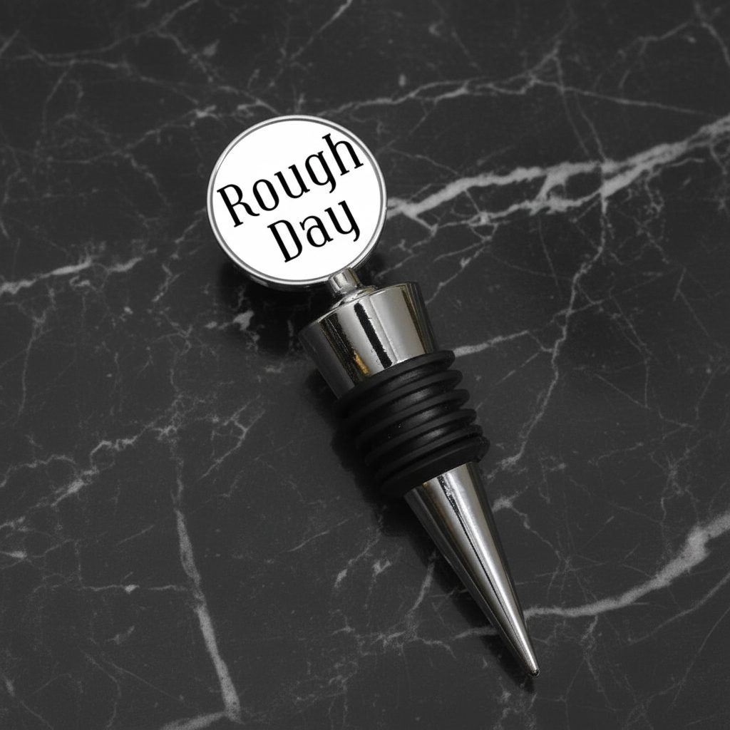 Stopiwr Potel 'Rough Day' ar gefndir marmor du