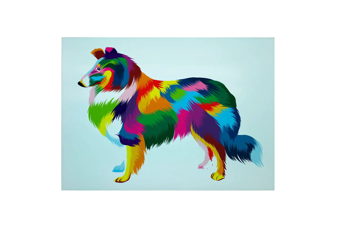 Bwrdd Torri Gwydr Ci Sheltie, yn dangos y dyluniad printiedig