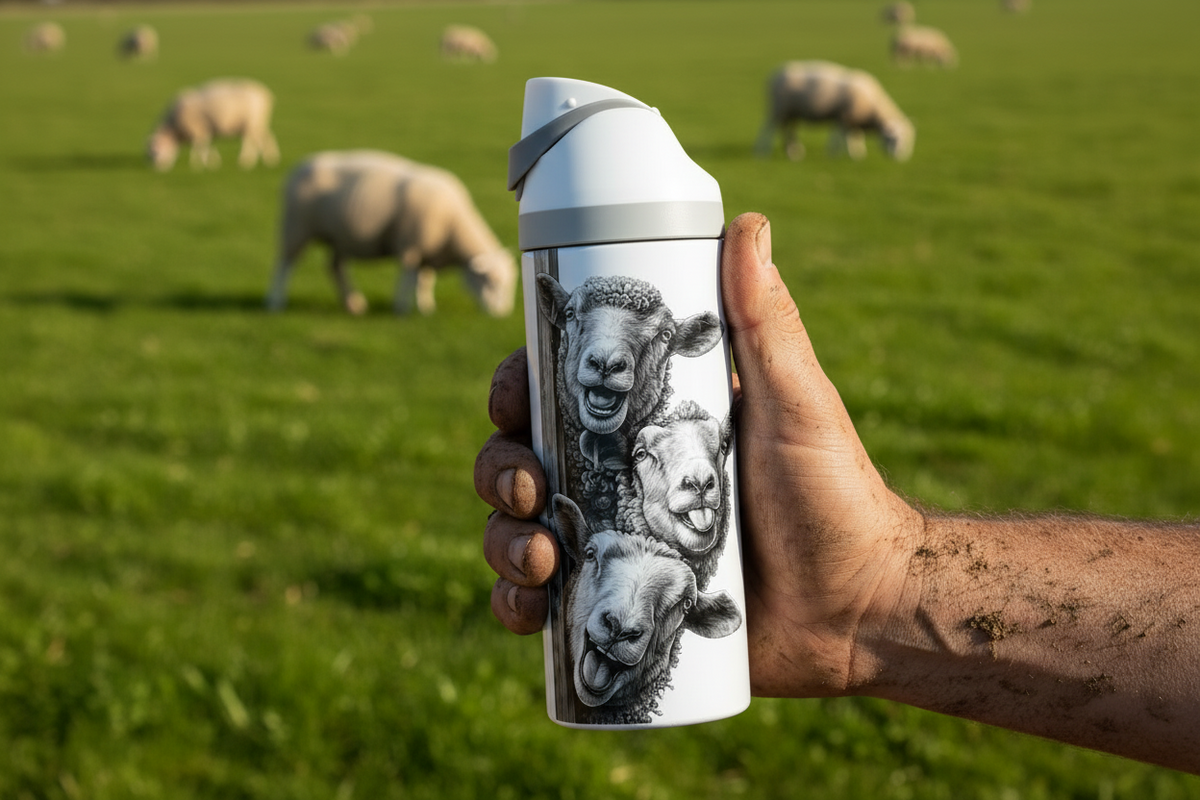 Potel thermol 720ml gyda dyluniad dafad yn sbecian mewn golygfa sy'n cyd-fynd â'r gwaith celf