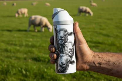 Potel thermol 720ml gyda dyluniad dafad yn sbecian mewn golygfa sy'n cyd-fynd â'r gwaith celf
