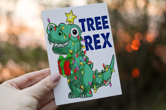 Cerdyn Nadolig Deinosor – Tree Rex