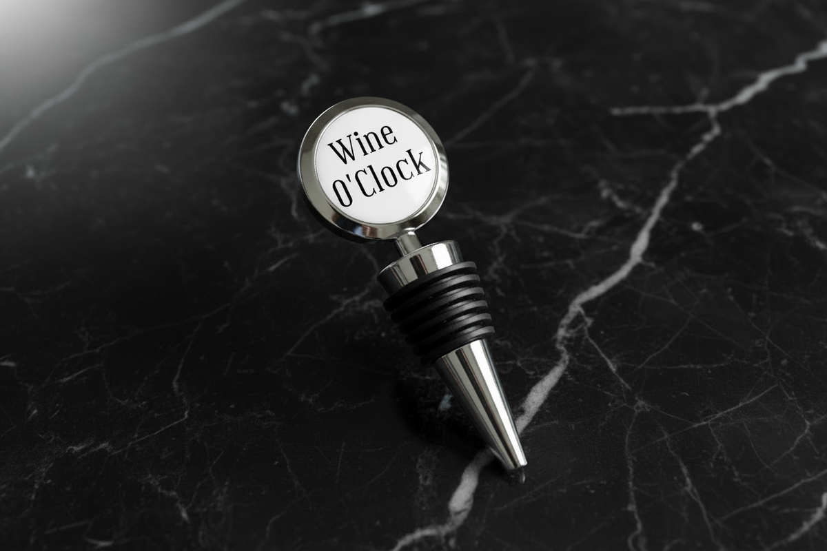 Stopiwr Potel 'Wine O’Clock' ar gefndir marmor du