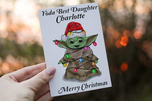 Cerdyn Nadolig Yoda i Ferch