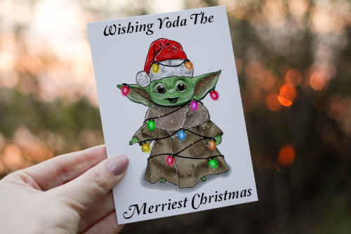 Cerdyn Nadolig Yoda mewn Het Siôn Corn